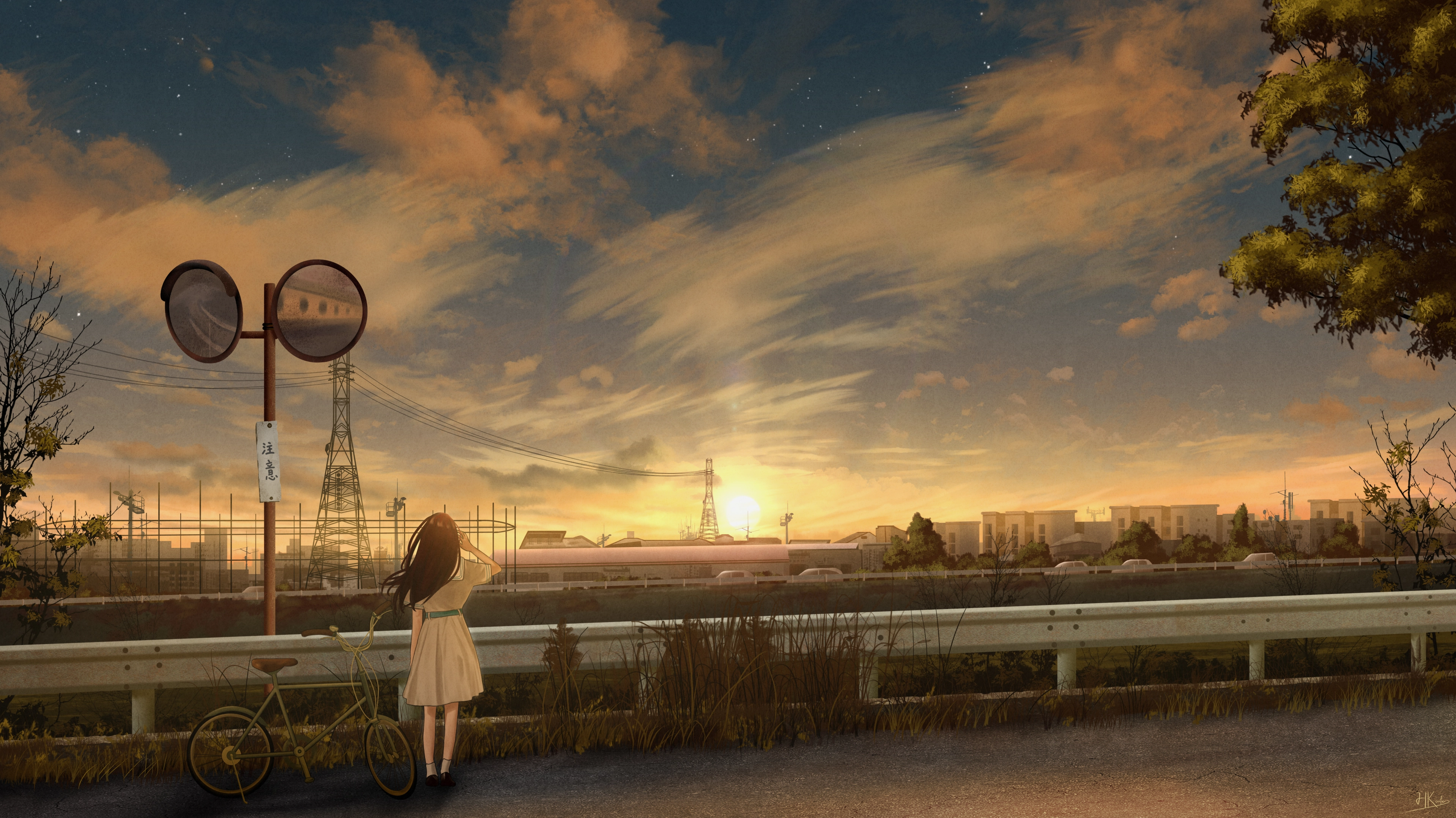Hình nền anime cô gái ngắm nhìn thành phố lúc hoàng hôn buông