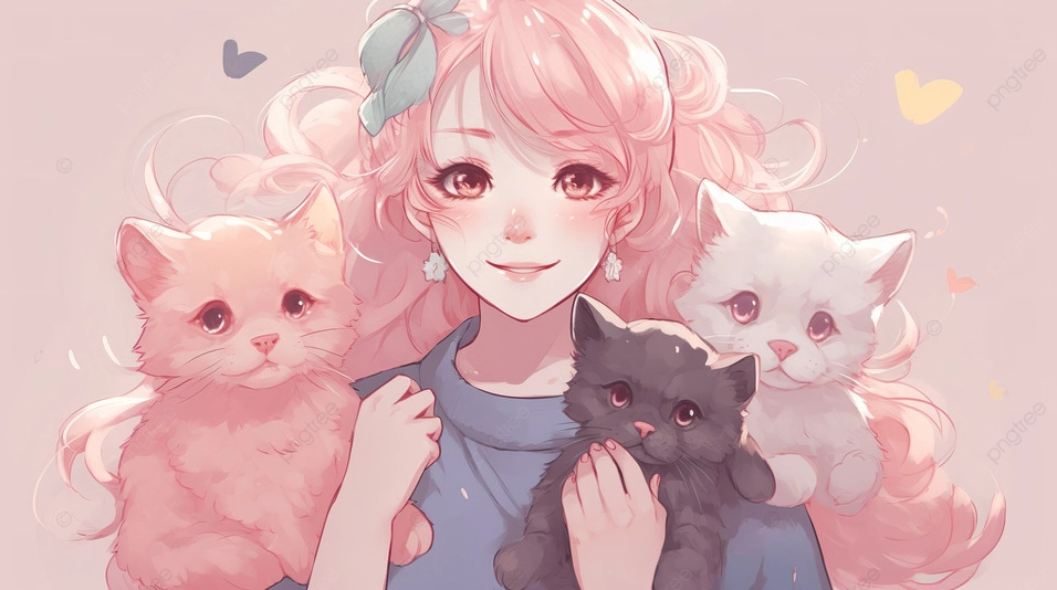 Hình nền cô gái anime với mèo nền hình ảnh dễ thương pastel