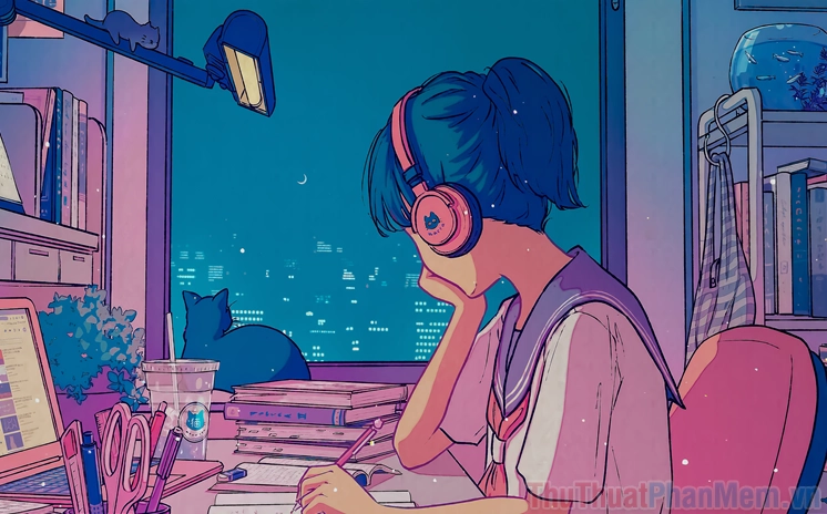 Hình nền máy tính anime đáng yêu với khung cảnh hoàng hôn lãng mạn