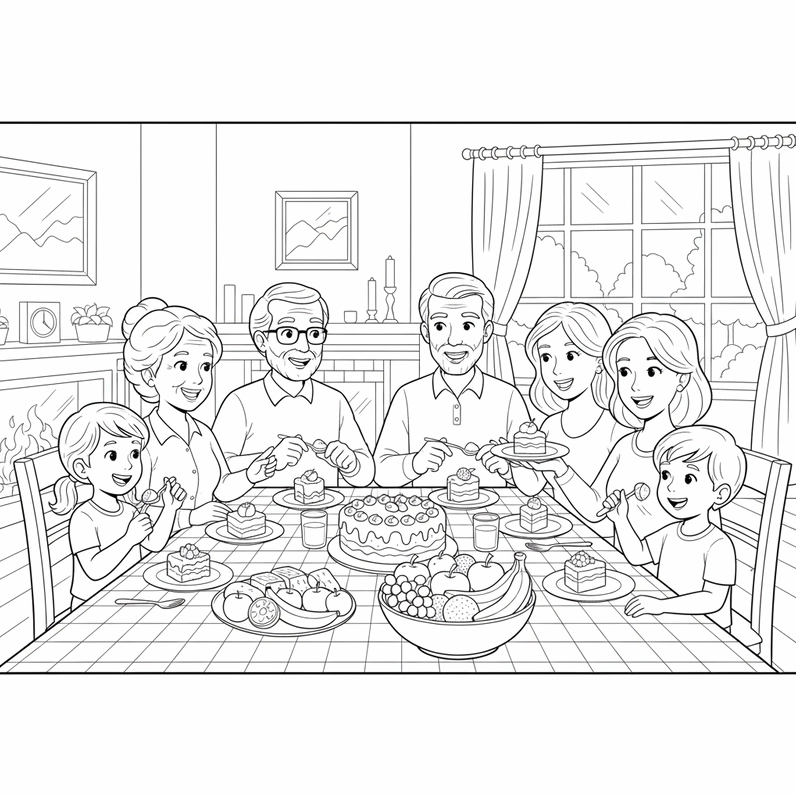 Hình tô màu bữa cơm đoàn tụ trong gia đình với đầy đủ các thành viên