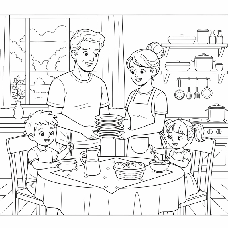 Hình tô màu bữa cơm gia đình có bé nhỏ đáng yêu đang tập xúc cơm