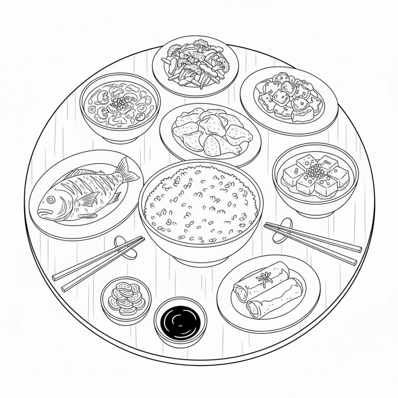 Hình tô màu bữa cơm gia đình dễ thương dành cho các bé mầm non