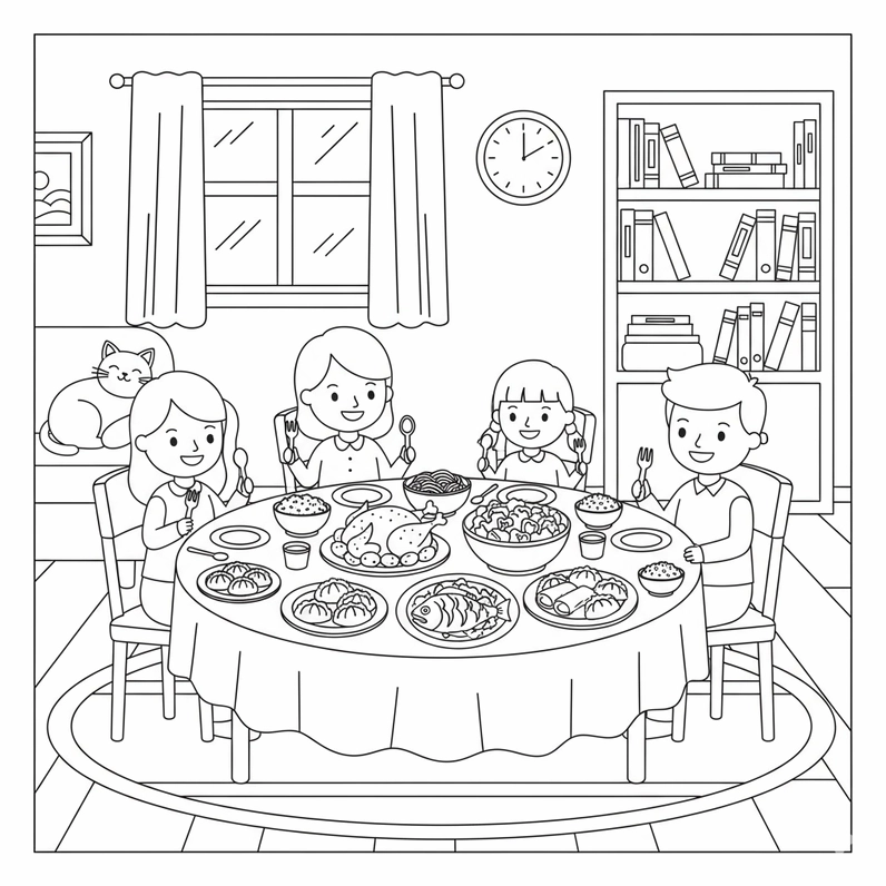 Hình tô màu bữa cơm gia đình vui vẻ với nụ cười rạng rỡ trên môi