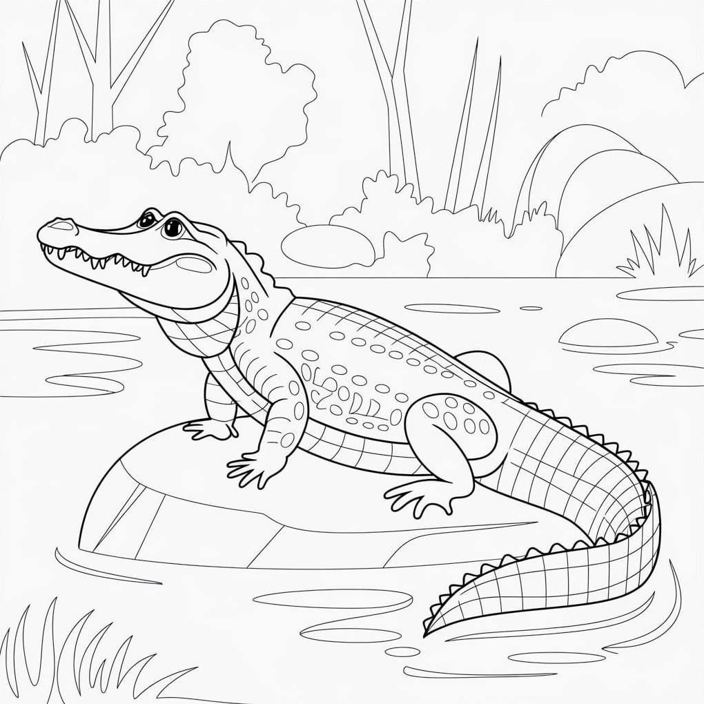 Hình tô màu cá sấu bơi trong hồ nước mát mẻ