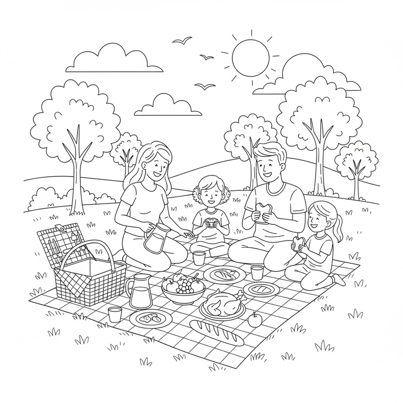 Hình tô màu gia đình ăn cơm hạnh phúc với các thành viên sum vầy