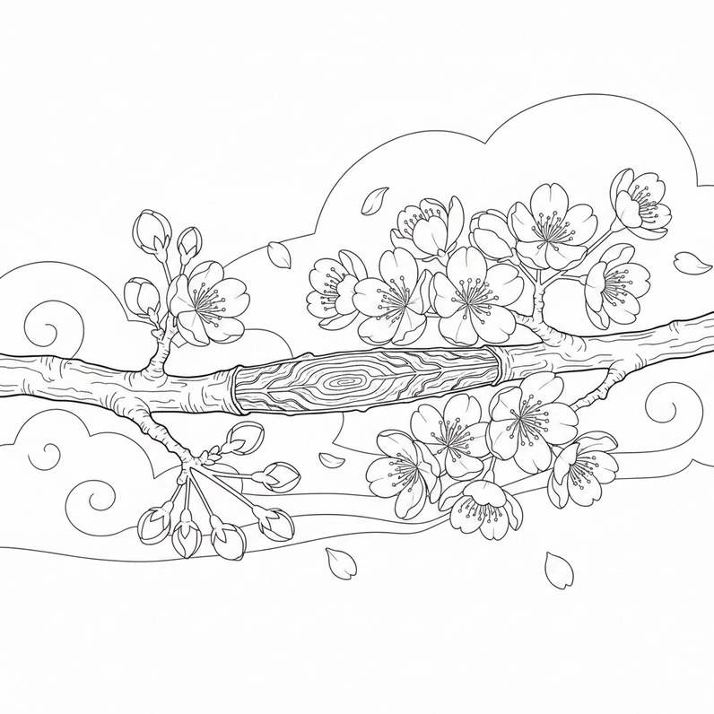 Hình tô màu hoa đào đơn giản dễ thực hành