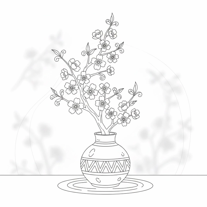 Hình tô màu hoa đào với bố cục hài hòa tinh tế