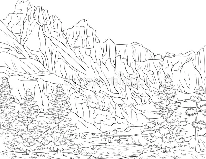 Hình vẽ phong cảnh miền núi chưa tô màu cho bé sáng tạo