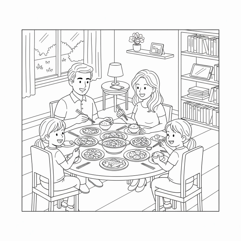 Hình vẽ tô màu bữa ăn gia đình cho bé với những đường nét cơ bản