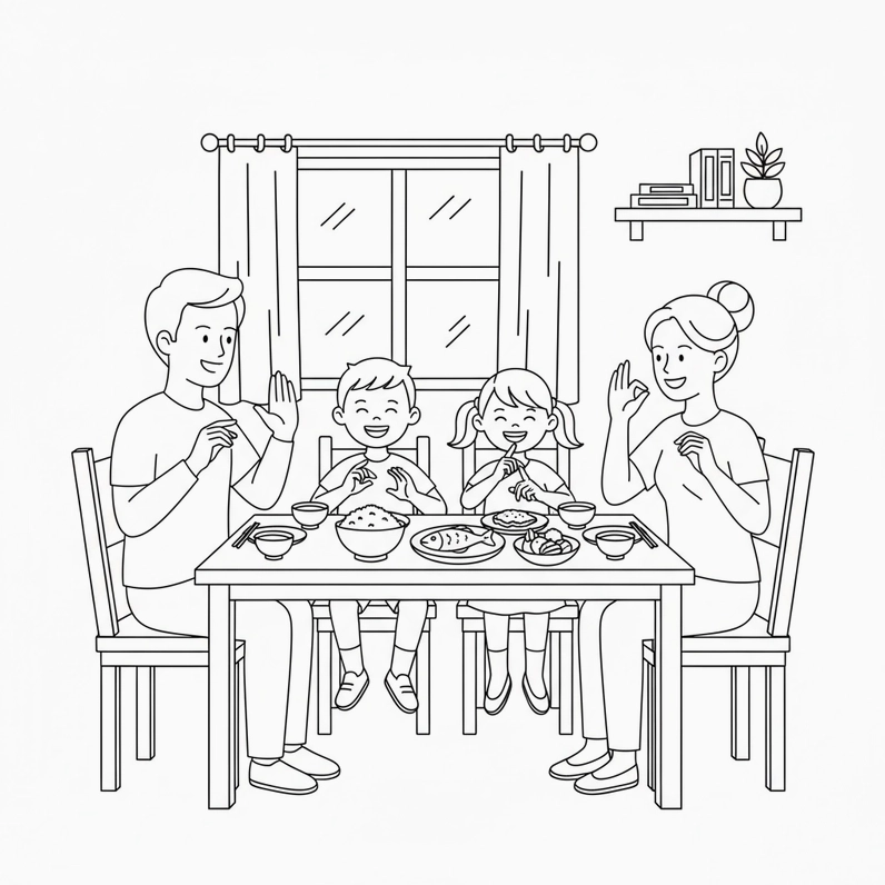 Hình vẽ tô màu bữa cơm gia đình ấm cúng cho bé thỏa sức sáng tạo