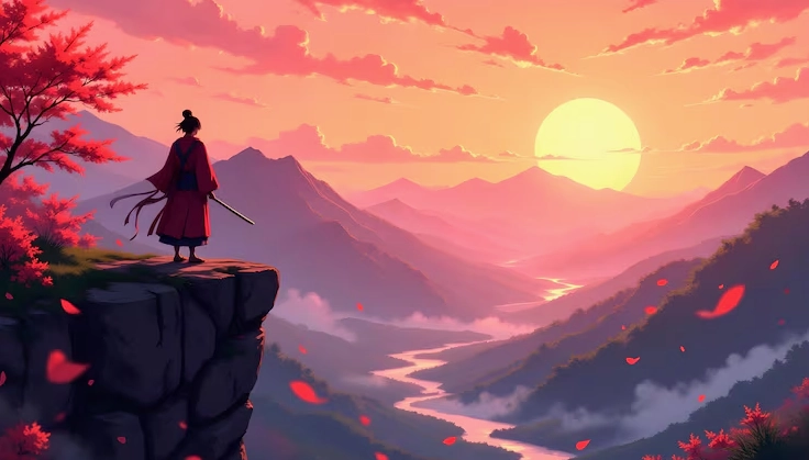 Hoàng hôn thanh bình chiến binh samurai chiêm ngưỡng thiên nhiên