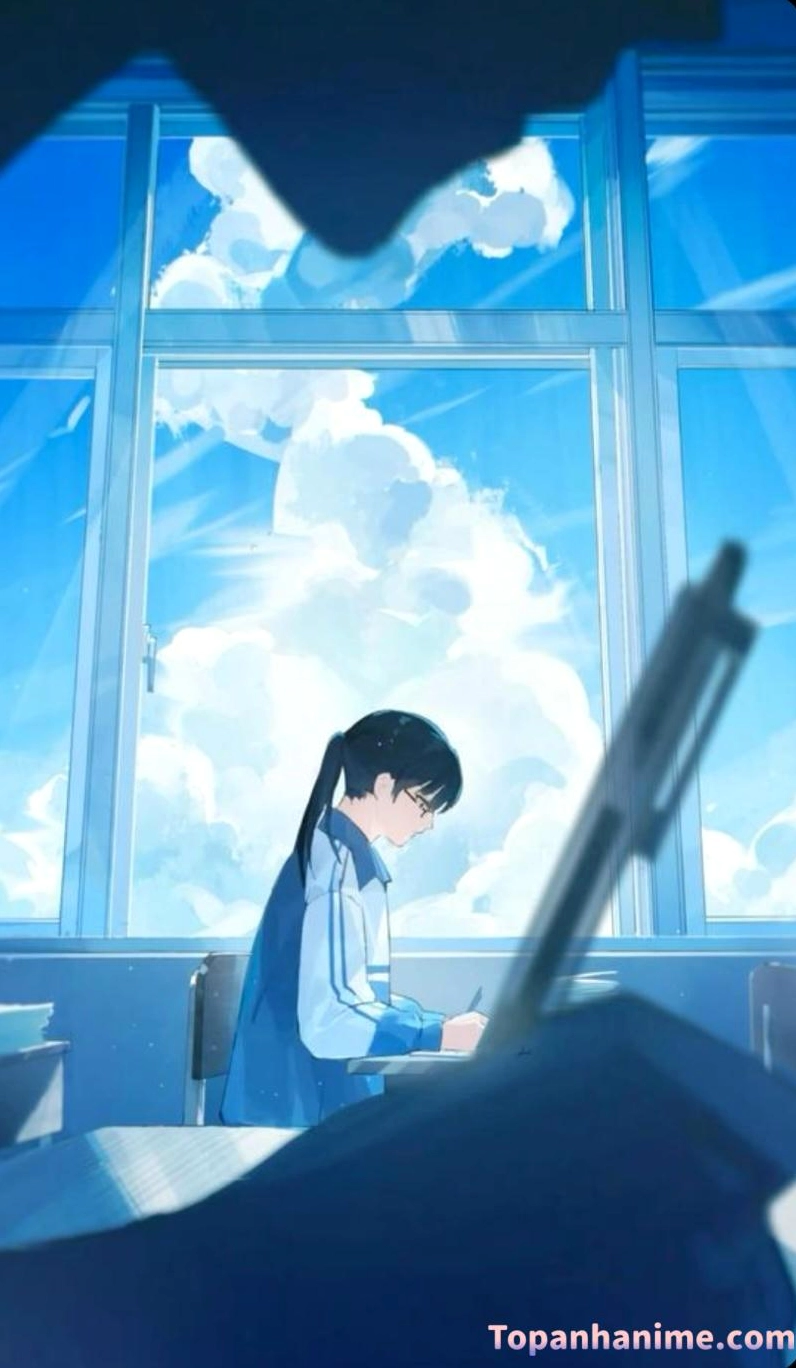 Học sinh anime đứng tựa vào khung cửa lớp học suy tư