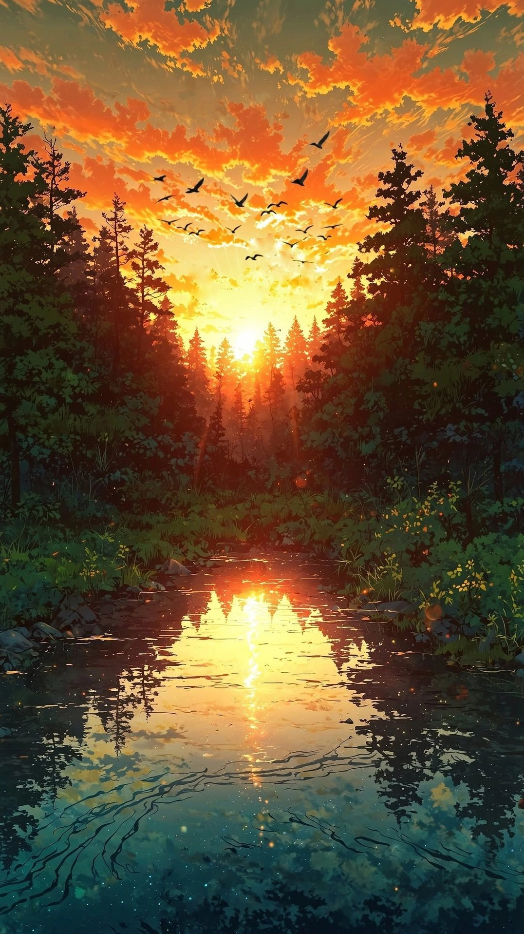 Khung cảnh hoàng hôn rực rỡ tuyệt đẹp trong khu rừng anime