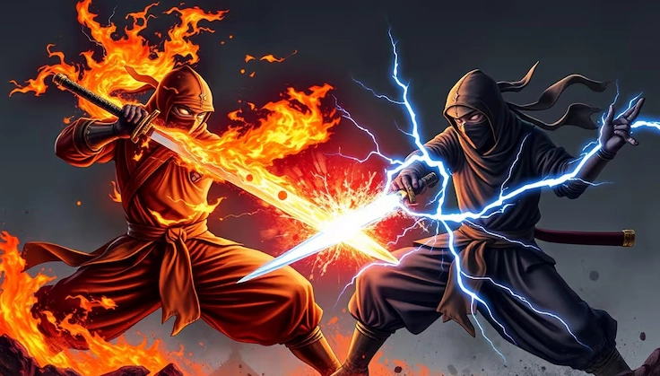Minh họa hai ninja hệ lửa và sét đang chiến đấu ác liệt