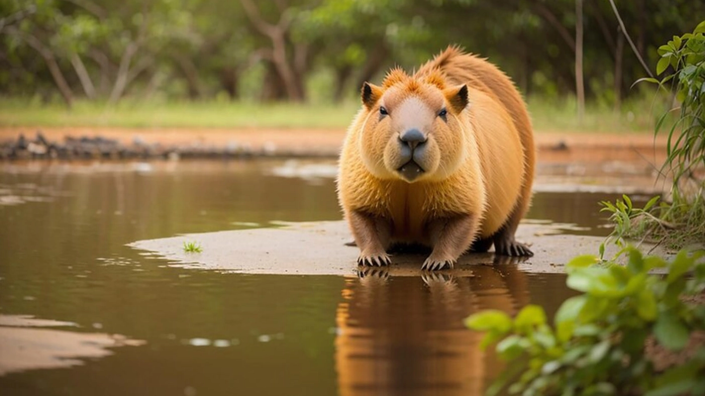 Một chú capybara đang đứng ngắm nhìn khung cảnh yên bình bên bờ hồ