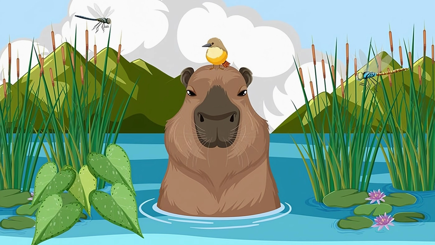 Một chú capybara đang ngâm mình trong nước có chú chim nhỏ đậu trên đầu