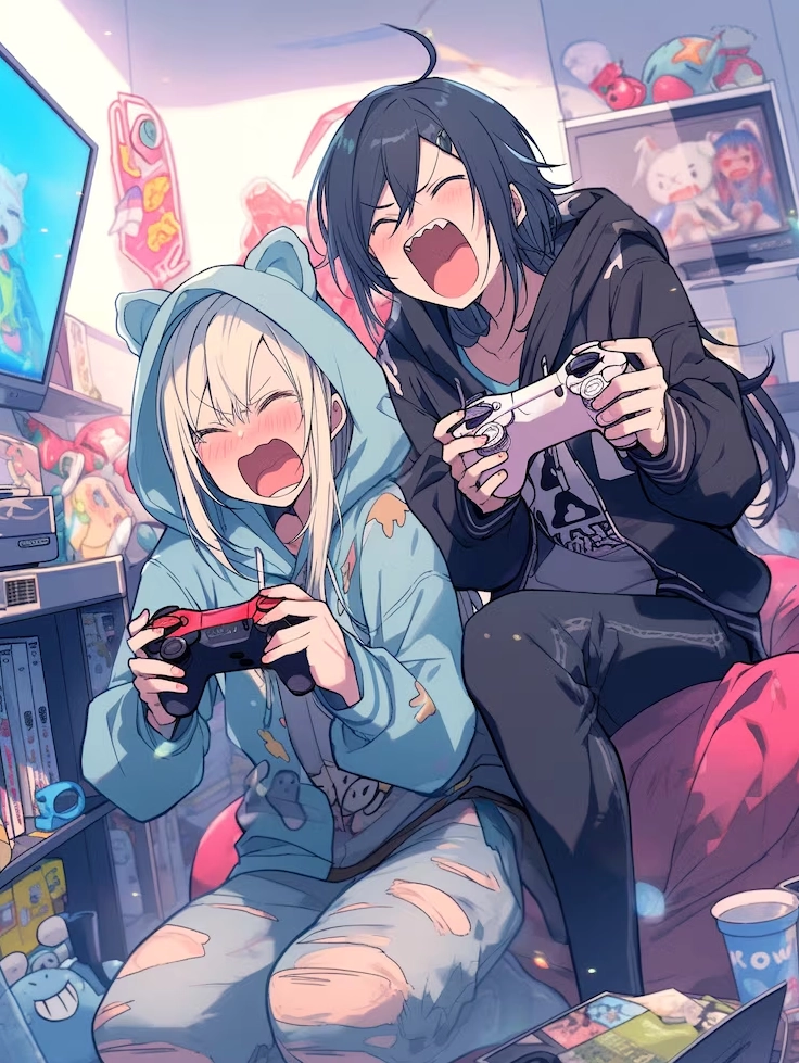 Nhân vật anime chơi game dưới ánh đèn neon