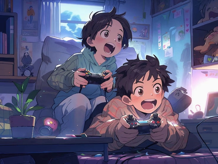 Nhân vật anime chơi game với tai nghe