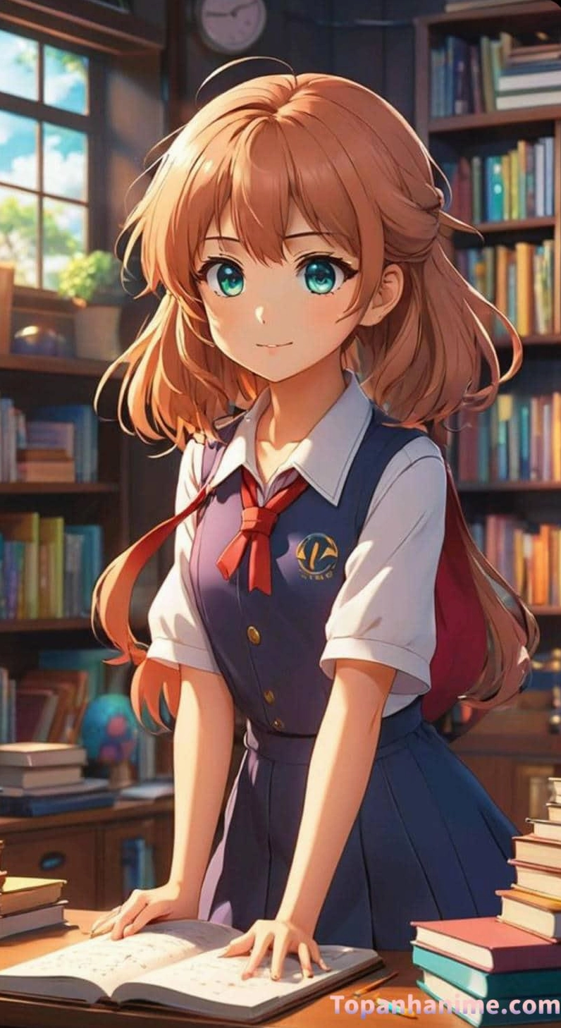 Nhân vật anime ôm cuốn sách che nửa khuôn mặt bẽn lẽn