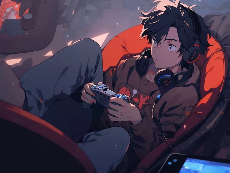 Nhân vật anime tập trung chơi game