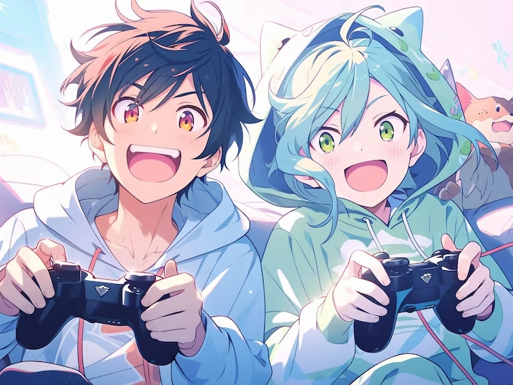 Nhân vật anime thẩm mỹ đang chơi game