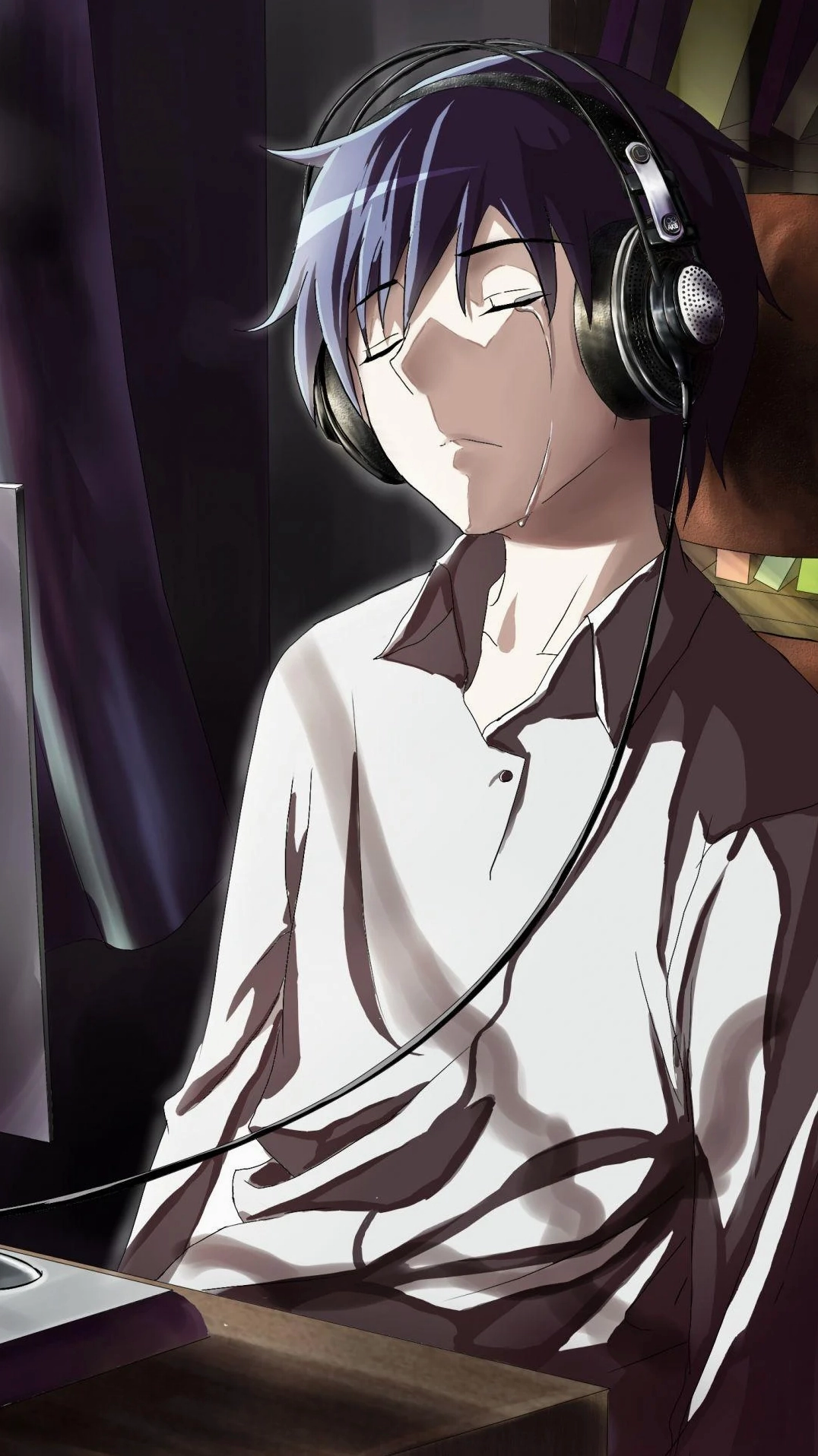 Nhân vật nam anime buồn bã ngắm mưa