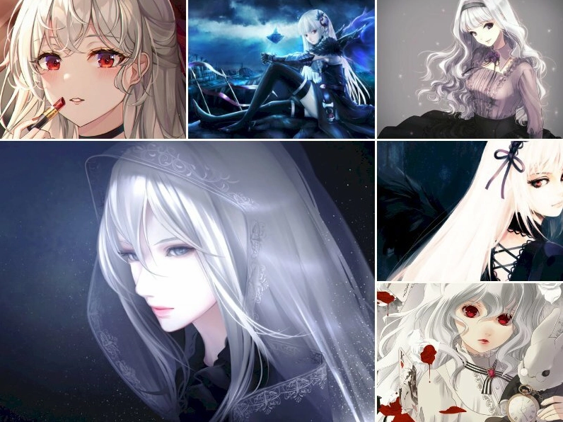 Nhân vật nữ anime tóc trắng với nụ cười nhẹ nhàng và dễ thương