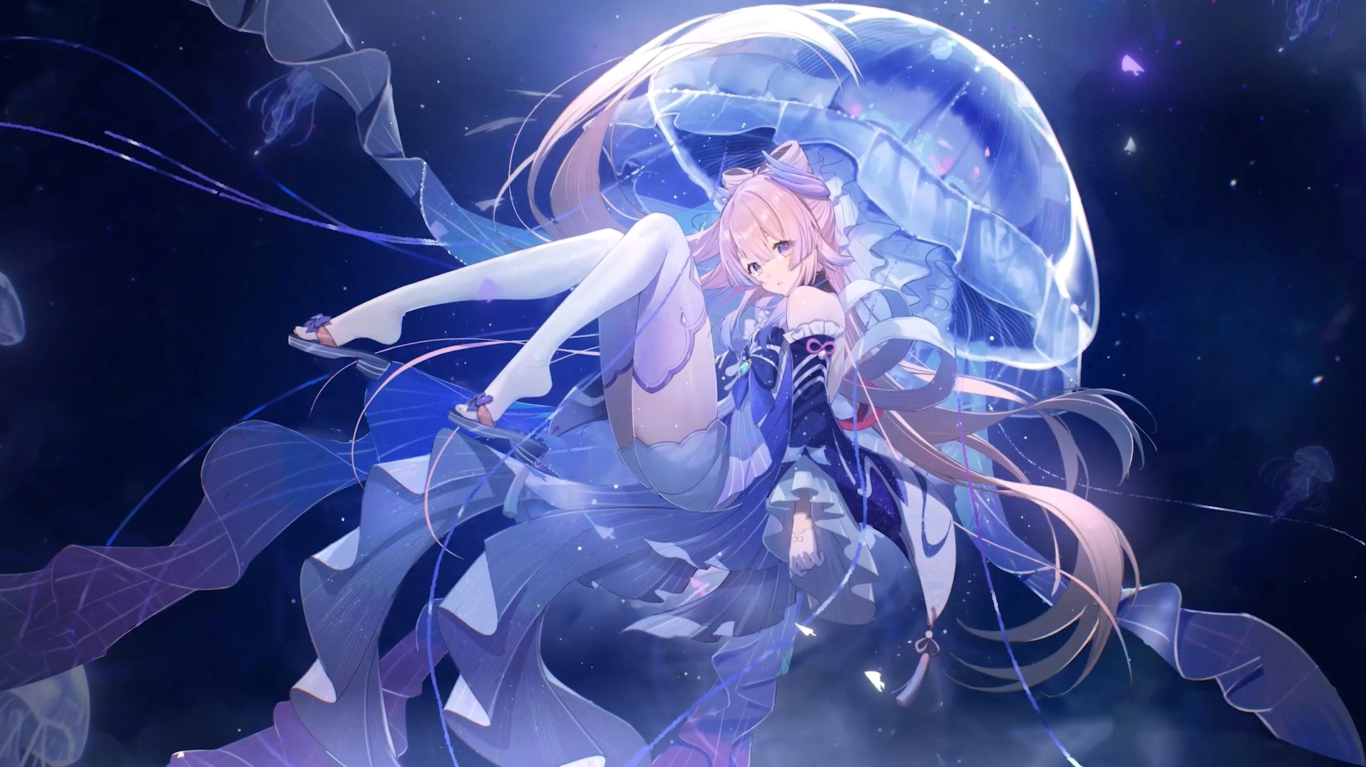 Nhân vật nữ anime trong trang phục bồng bềnh tựa như công chúa đại dương