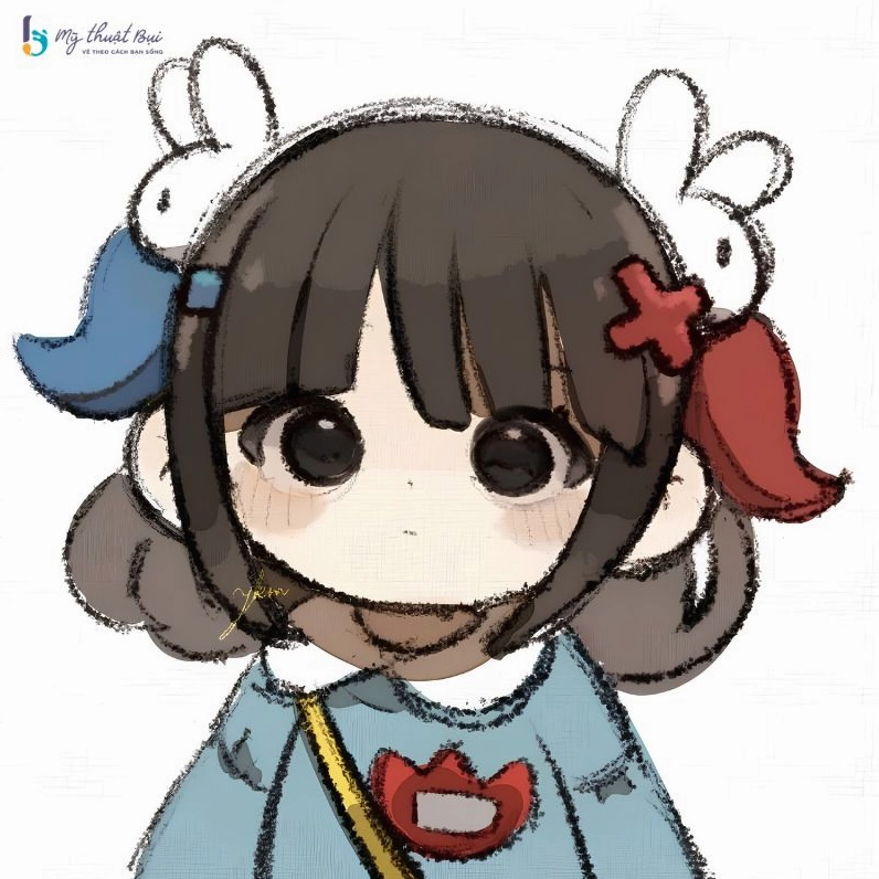 Nhân vật nữ chibi tóc tím đang mỉm cười e thẹn dễ thương