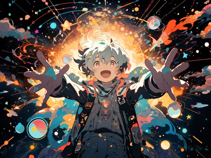 Nhân vật phong cách anime lơ lửng trong không gian