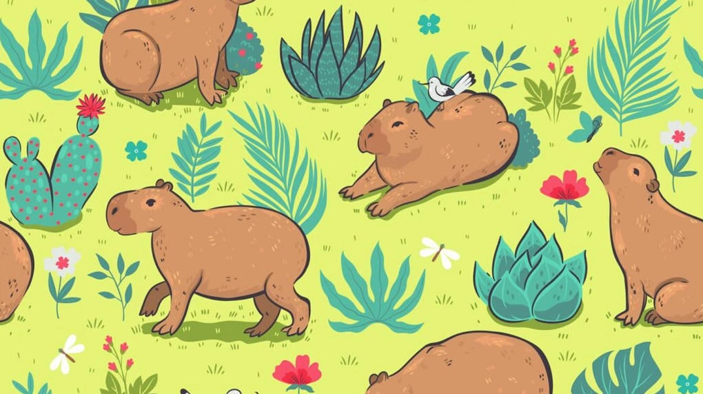 Những chú capybara hoạt hình đang thong dong đi dạo giữa khu vườn hoa lá