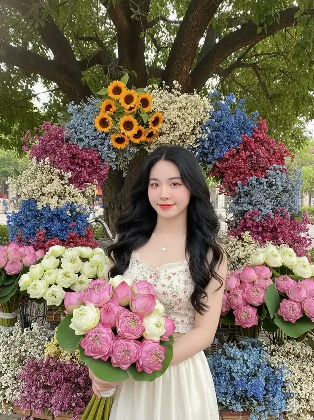 Thiếu nữ mặc áo hoa và váy trắng tạo dáng duyên dáng cùng hoa sen