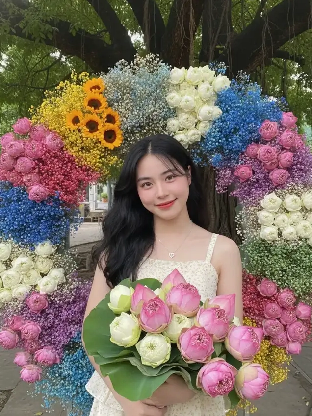 Thiếu nữ thướt tha bên hoa sen tươi thắm