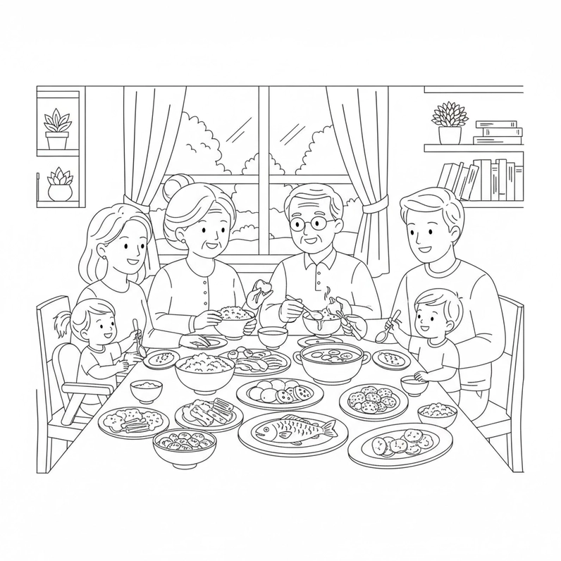 Tô màu cảnh bữa cơm gia đình quây quần đầm ấm mỗi tối