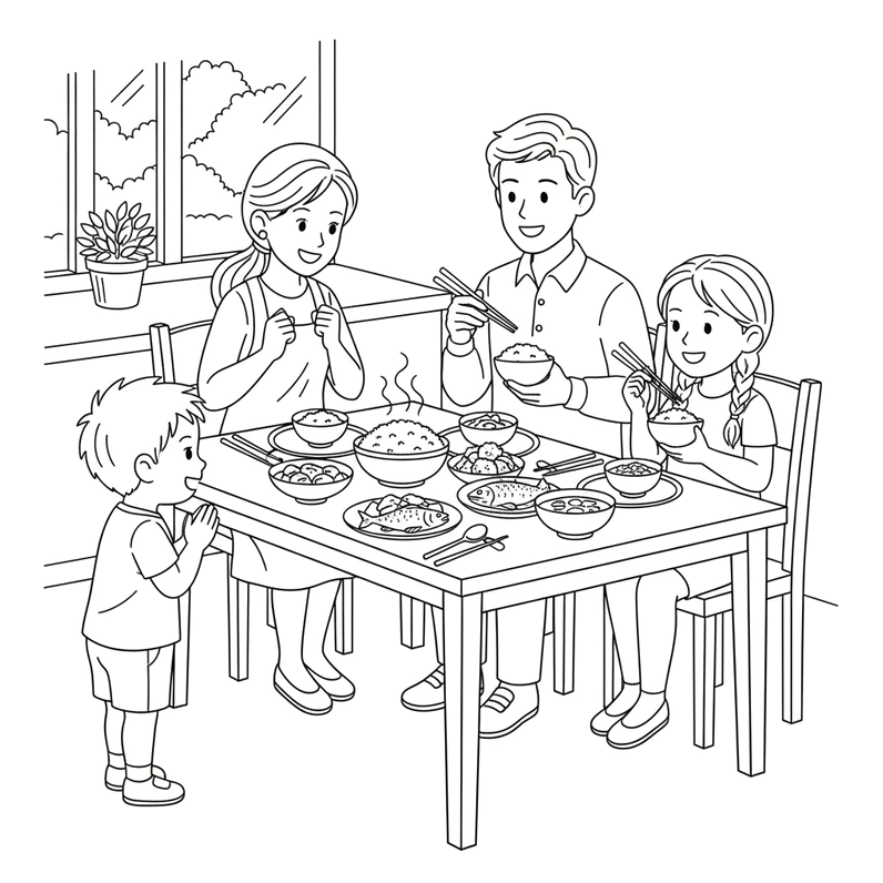 Tô màu hình ảnh gia đình ăn cơm cùng nhau gắn kết tình thân