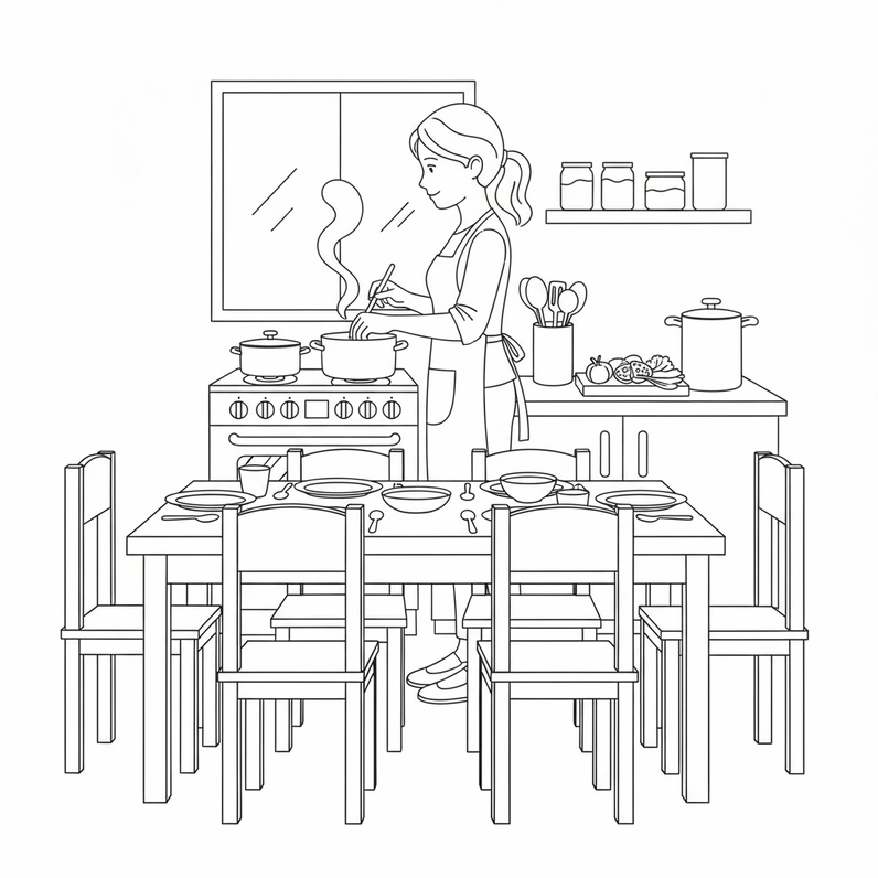 Tô màu hình bữa ăn gia đình thân mật chia sẻ những câu chuyện vui