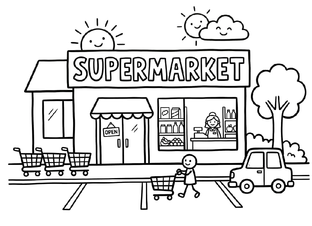 Tô màu siêu thị vui vẻ đầy hàng hóa