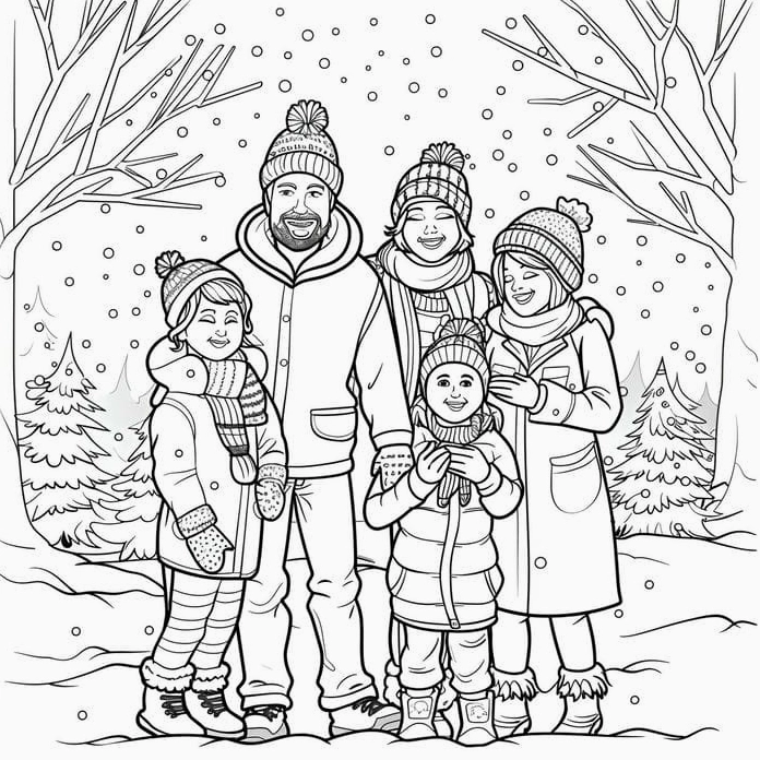 Tô màu tranh tô màu gia đình 3 người cùng đón tuyết