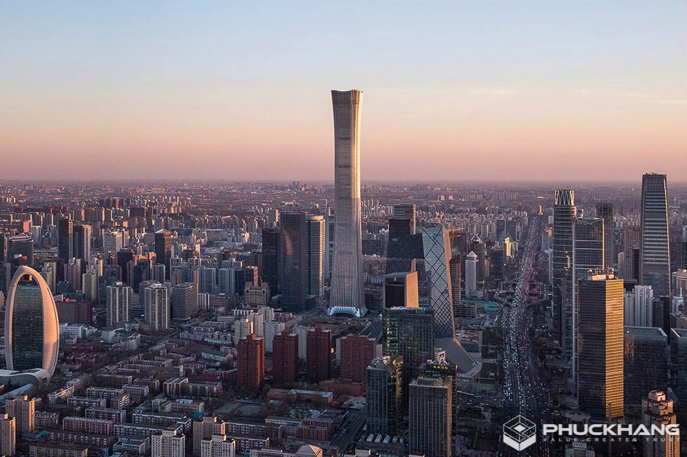 Tòa tháp China Zun với hình dáng chiếc bình cổ đặc trưng