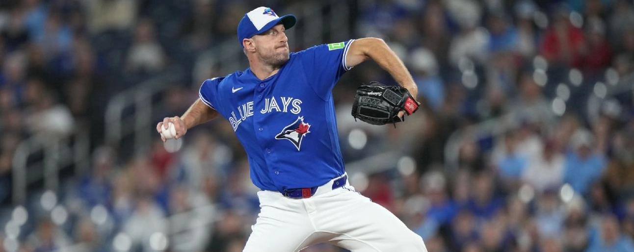 Toronto Blue Jays pitcher Max Scherzer throws against the Minnesota Twins during first inning baseball game action in Toronto, Sunday, April 12, 2026.