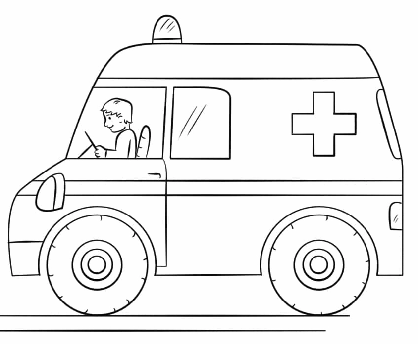 Tranh tô màu bác tài xế lái xe cứu thương cẩn thận