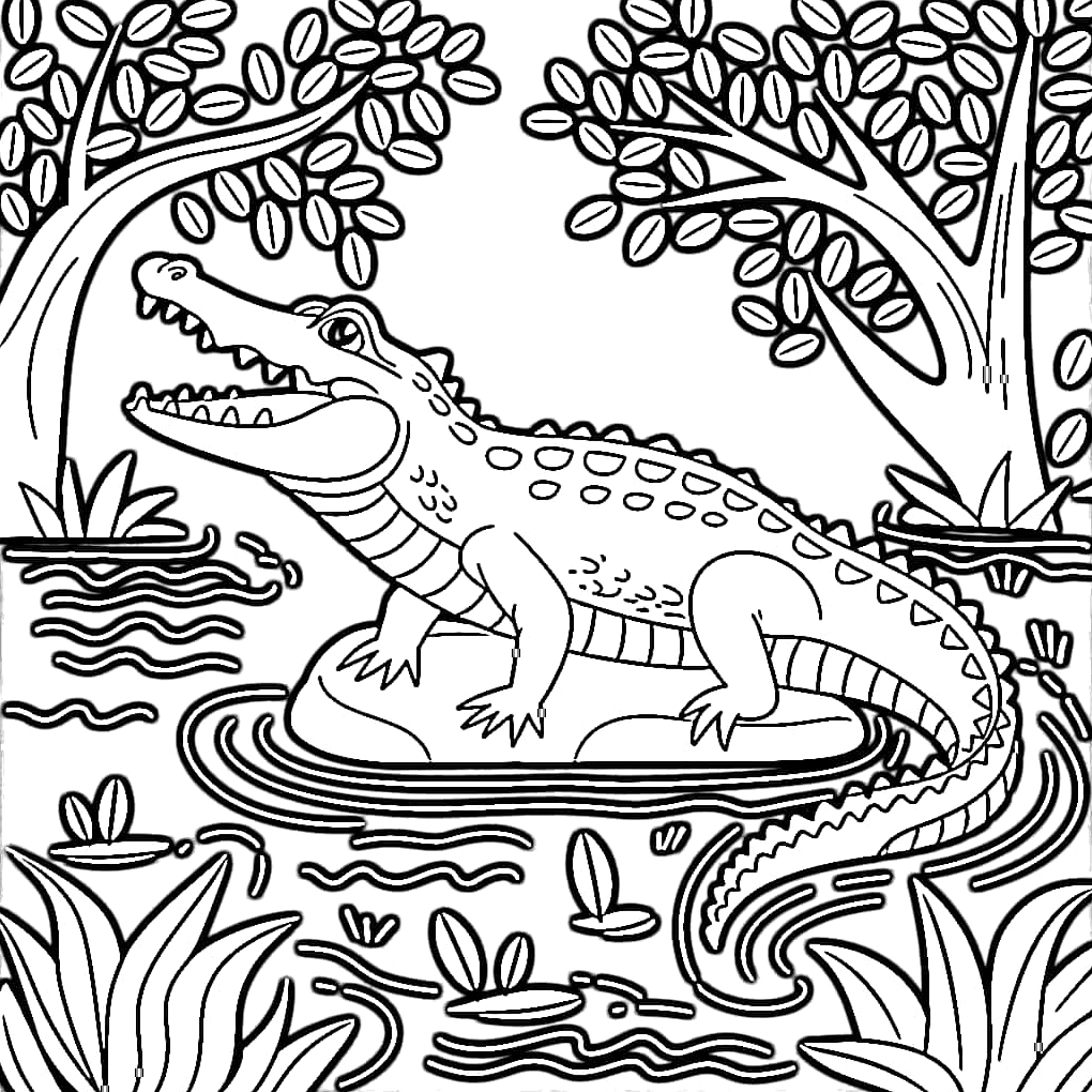 Tranh tô màu cá sấu há miệng khoe hàm răng nhọn