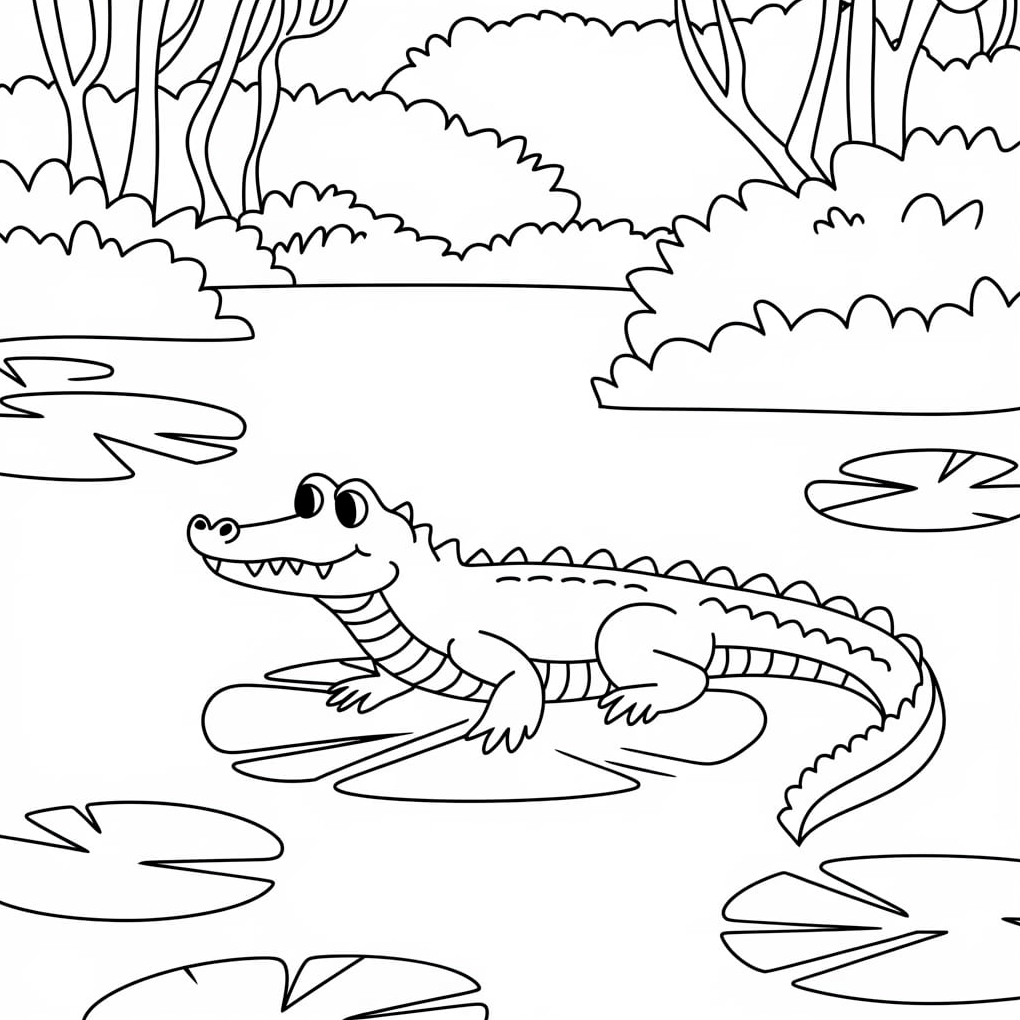 Tranh tô màu cá sấu nhỏ đi lạc trong rừng xanh