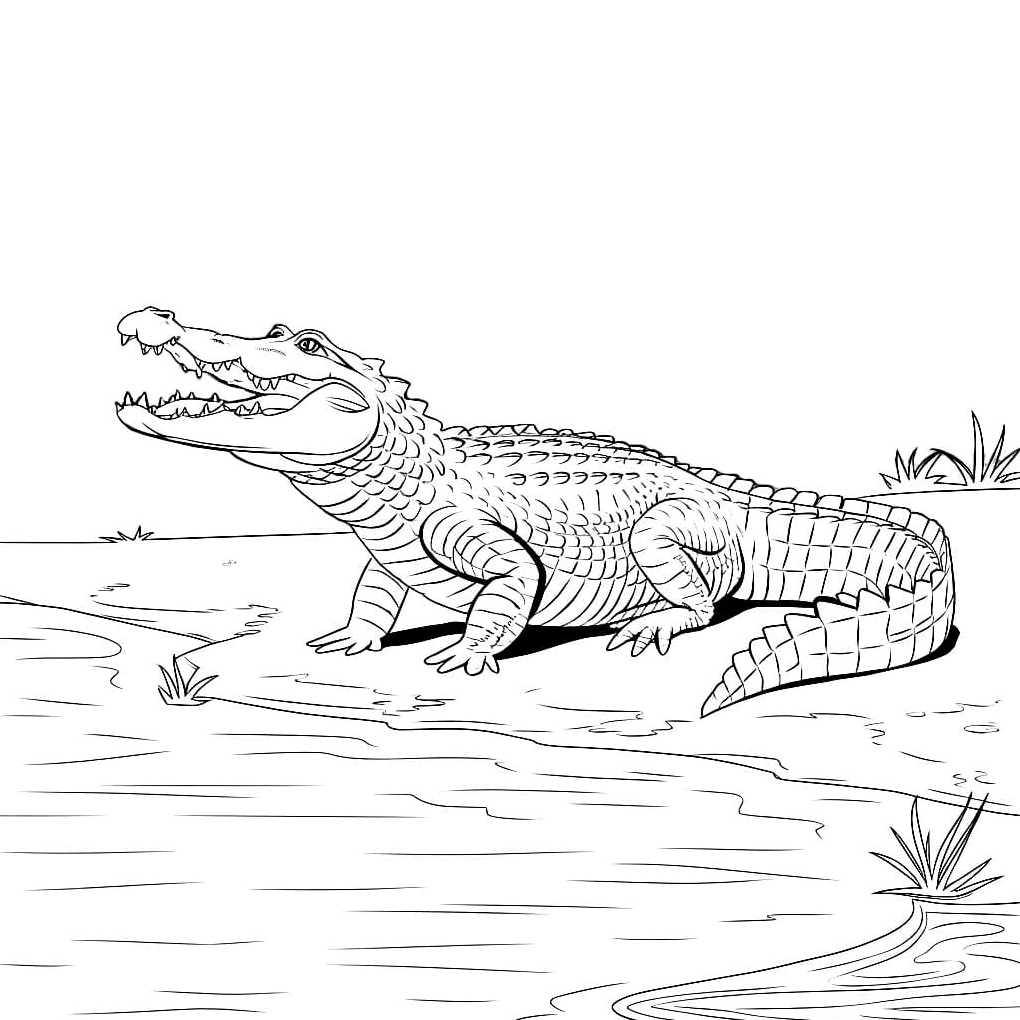 Tranh tô màu cá sấu ở trên bờ phơi nắng