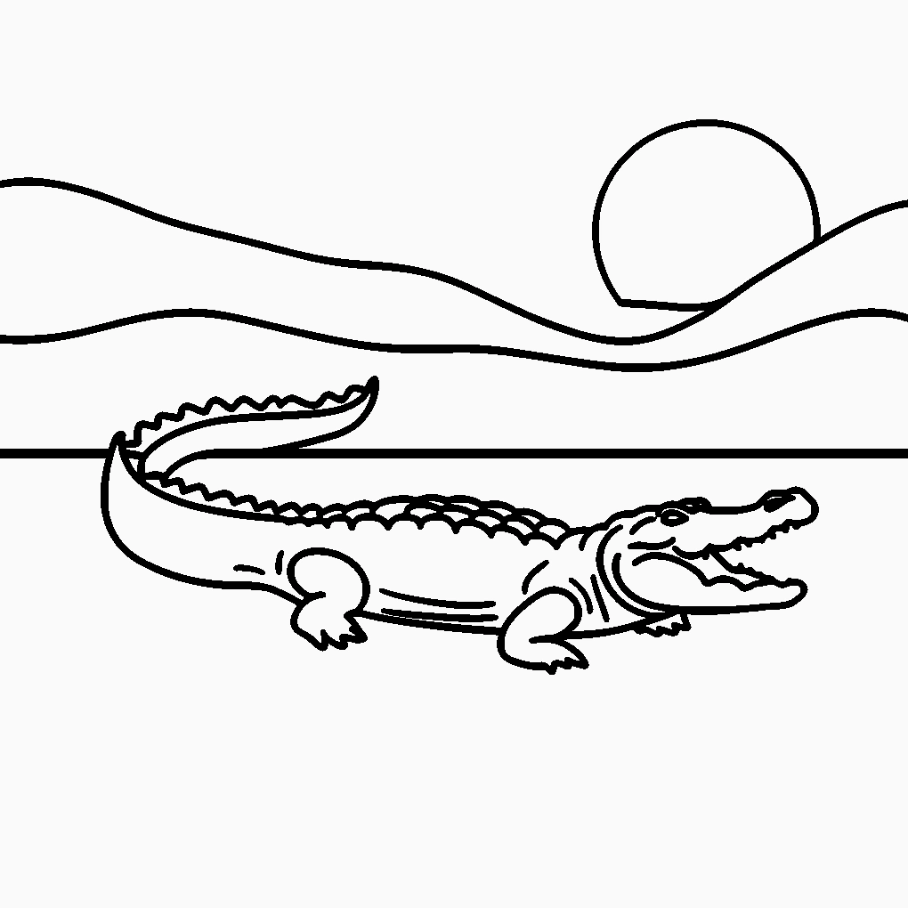 Tranh tô màu cá sấu và mặt trời tỏa nắng ấm áp