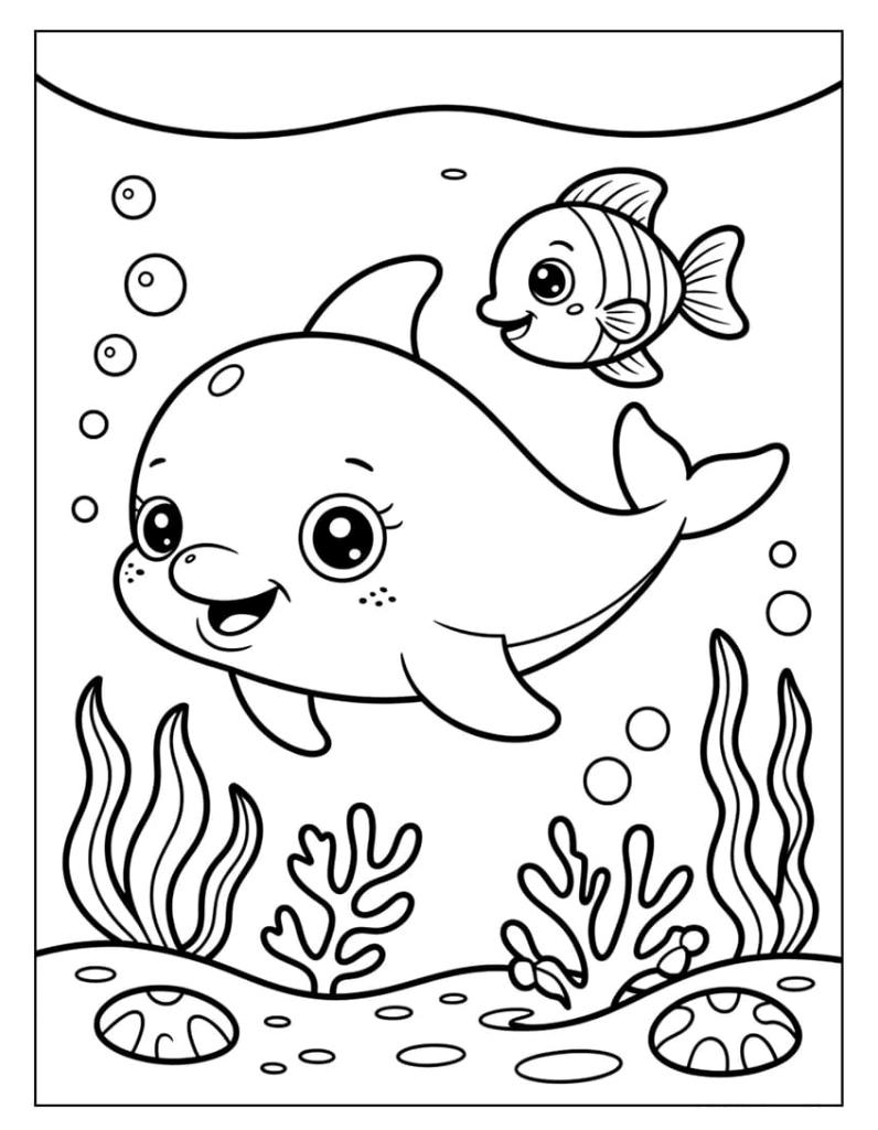 tranh tô màu các loại cá cảnh cá heo vui vẻ