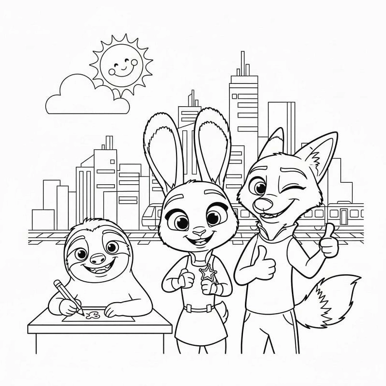 Tranh tô màu các nhân vật động vật trong thành phố Zootopia