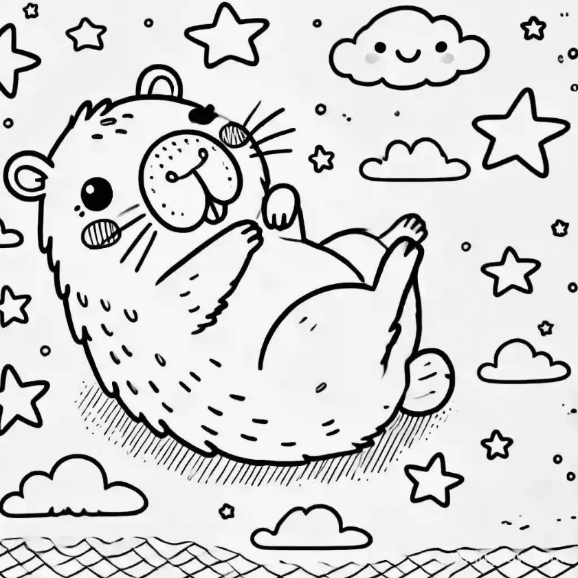 Tranh tô màu capybara chibi số 3 với đôi mắt to tròn