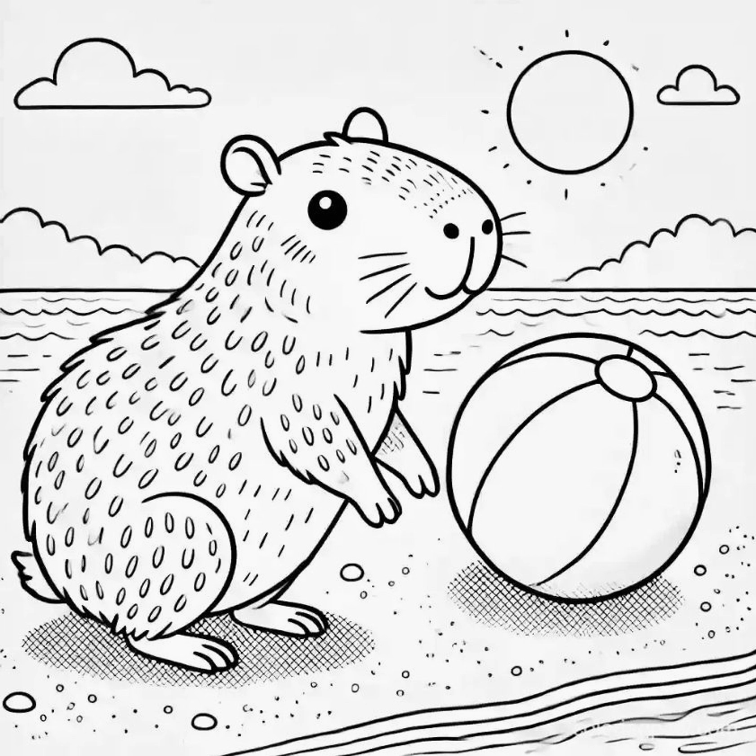Tranh tô màu capybara chibi số 4 đang vui đùa