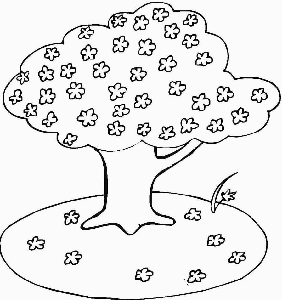 Tranh tô màu cây hoa đào sum suê cành lá